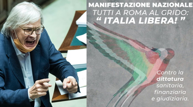 I No Mask scendono in piazza a Roma ma Sgarbi li bastona: mai con loro