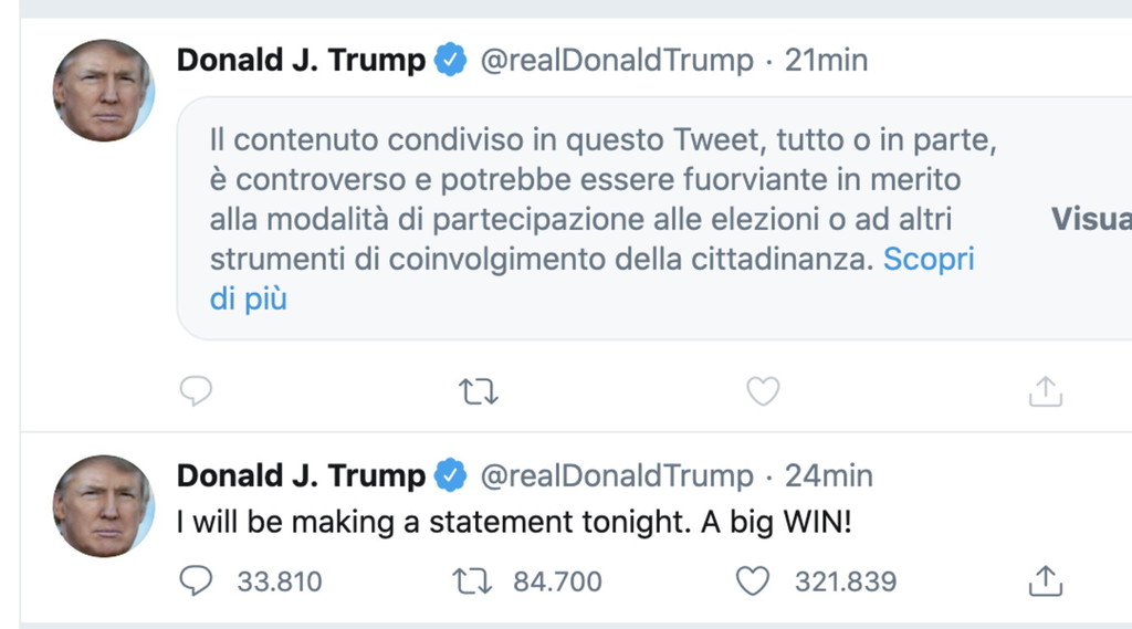 Usa 2020 in stallo totale, Biden trema. Trump: ho vinto, ma Twitter lo censura
