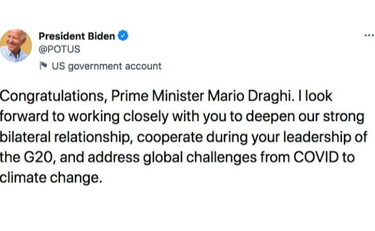 Biden si congratula con Draghi, lo vedrà online venerdì al G7