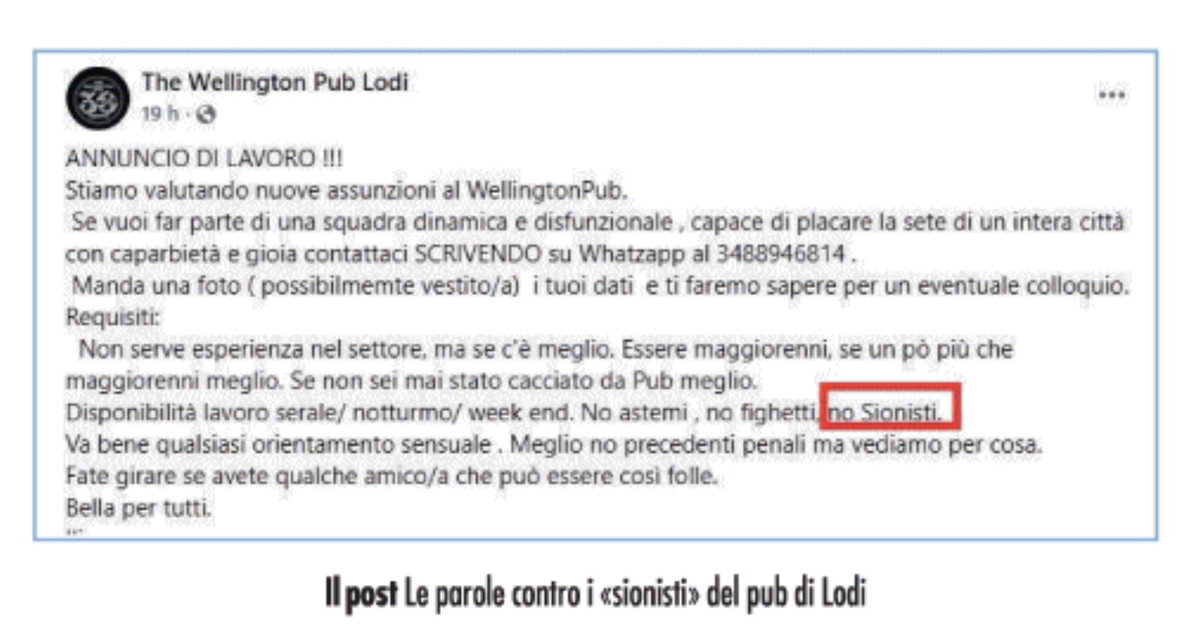 Locale a Lodi assume tutti purché non siano “sionisti”. Bufera e tentativo di dietrofront Locale a Lodi assume tutti purché non siano “sionisti”. Bufera e tentativo di dietrofront