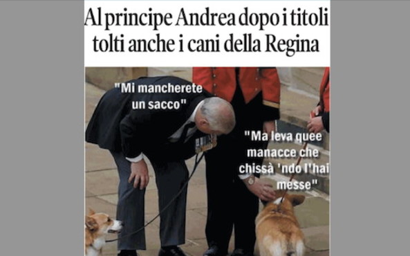Il Tempo di Osho, la vignetta di oggi: il principe Andrea perde i cani di Elisabetta (martedì 18 novembre)