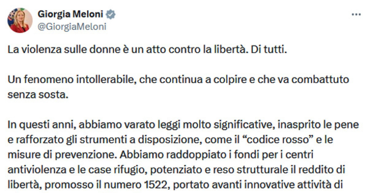 Venticinque novembre, Meloni: "Costruire Italia in cui nessuna donna debba sentirsi più sola"