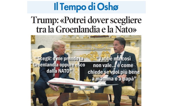 Il Tempo di Osho, la vignetta di oggi: Trump in bilico tra Nato e Groenlandia (martedì 13 gennaio)