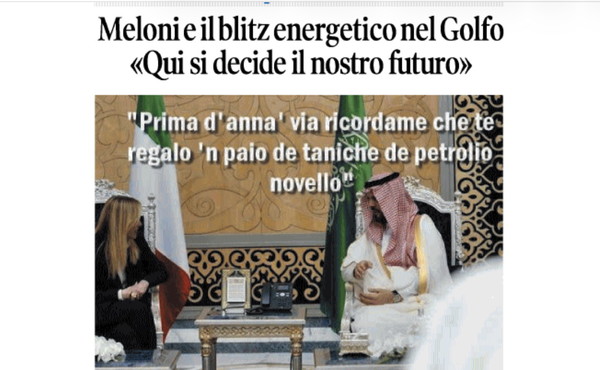 Il Tempo di Osho, la vignetta di oggi: Meloni fa il blitz energetico nel Golfo (domenica 5 aprile)