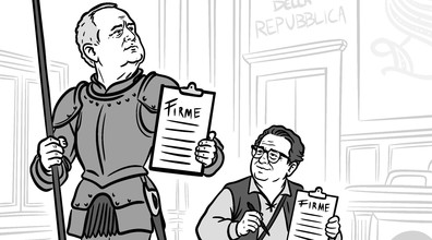 Don Chisciotte Lotito con Sancho Panza Damiani a caccia di firme contro l'azionariato popolare